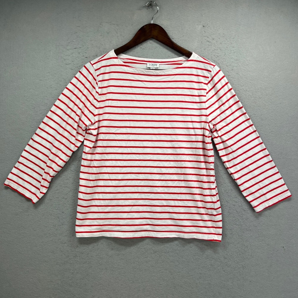 J Crew T Shirt Womens M Red Striped Long Sleeve Boat Neck Rugby Tee Nautical